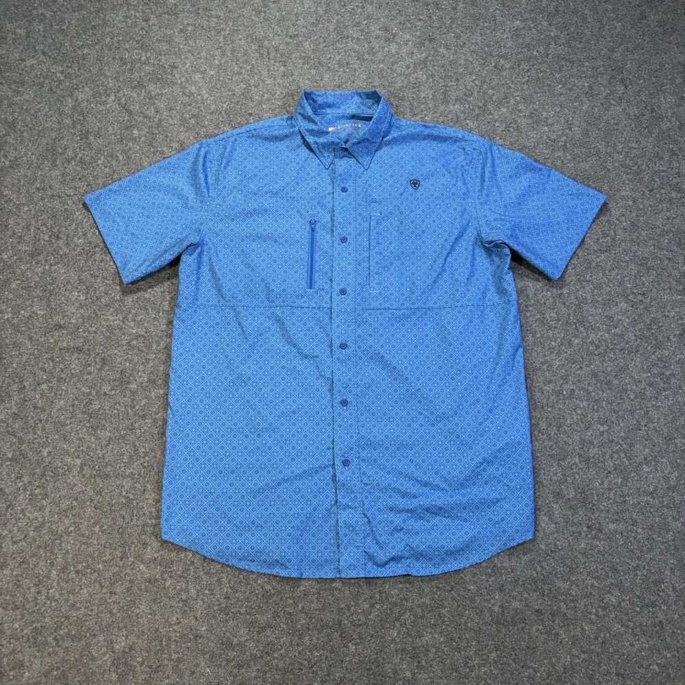 Ariat AriatTEK Button Shirt Mens Large Geometric Short Sleeve Blue